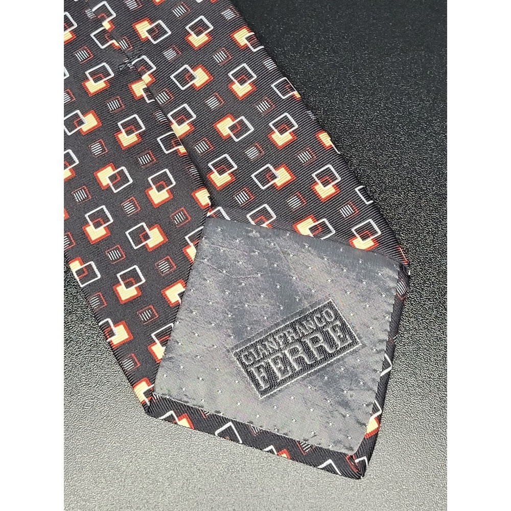Gianfranco Ferre Tie Black Orange Geometric Square 100% Silk Made in Italy